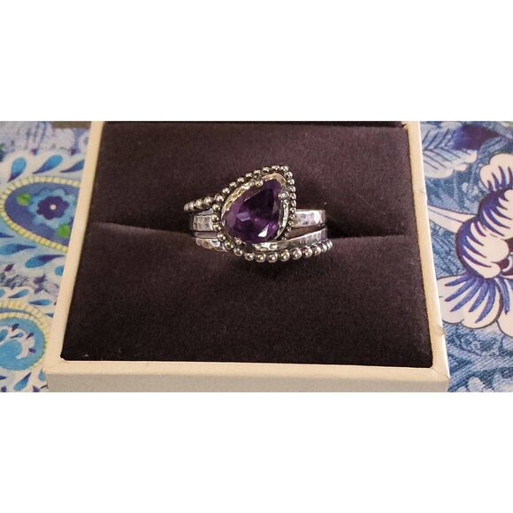 New~PAZ CREATIONS Pear Cut Genuine Amethyst Bead Statement Ring Sz 8~925 SS - Picture 1 of 4